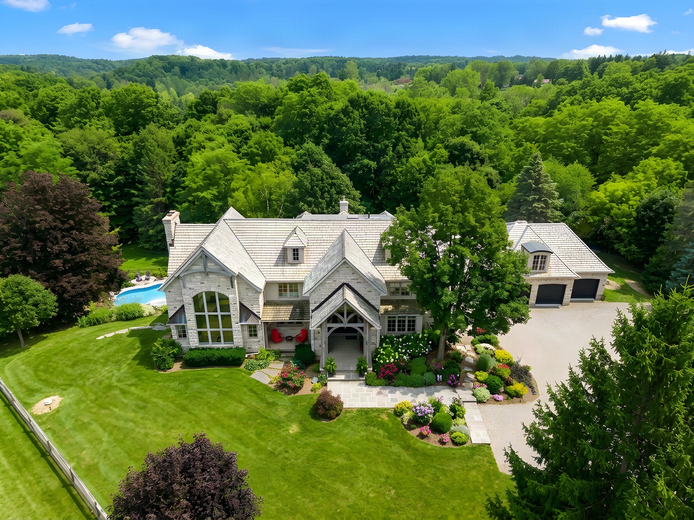 2376 8 Side Road Burlington, aerial drone view with pool and skyline views