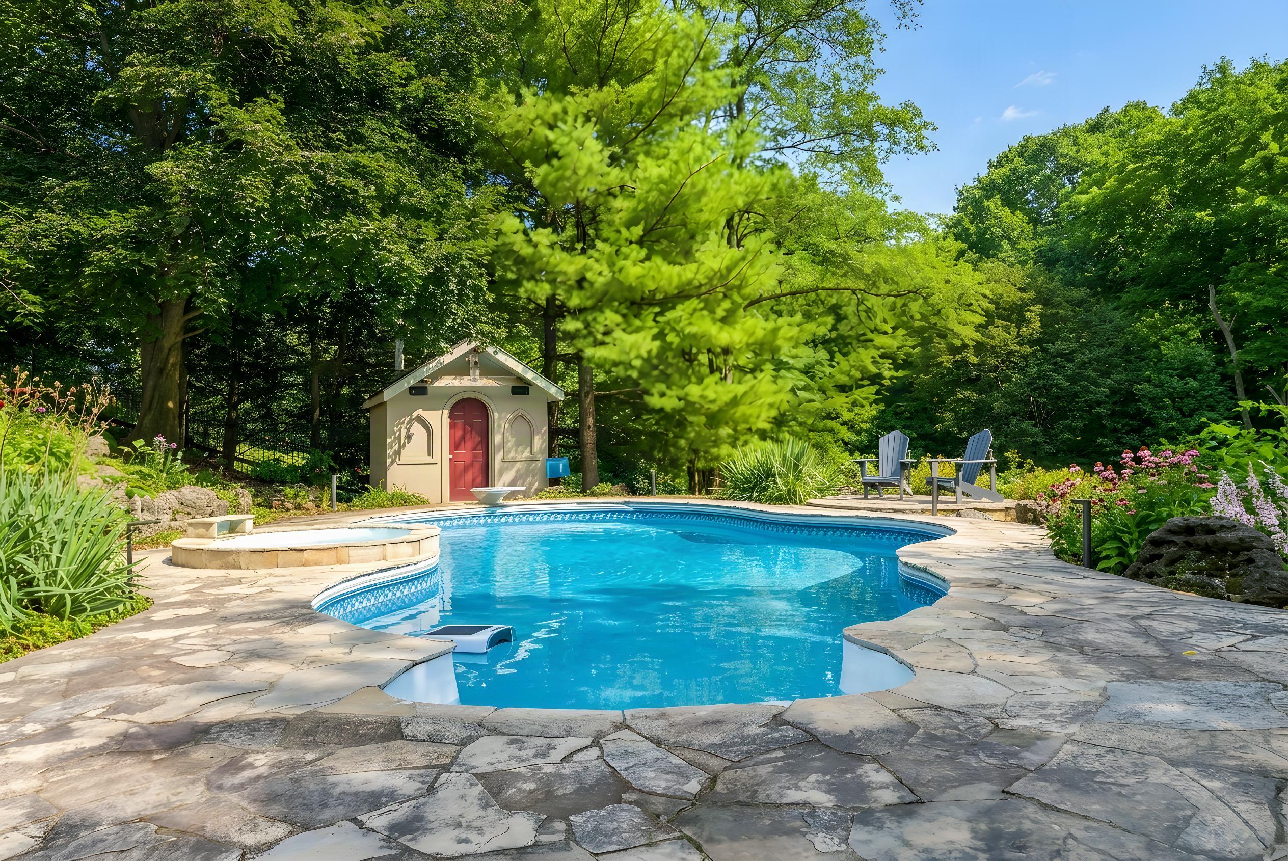 Pool, spa, and pool house framed by mature trees